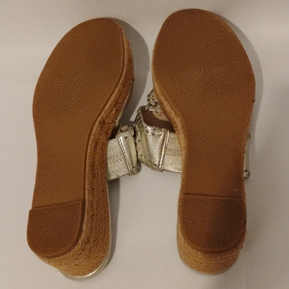Jack Rogers Sandals Heels Wedge Thong Leather Jute Espadrille Medallion Gold 6 - Picture 5 of 12